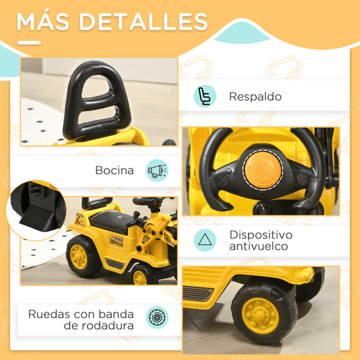 HOMCOM Carro Andador para Crianças de 18 a 48 Meses Escavadora para Crianças com Pá Dianteira Buzina Volante e Compartimento Oculto sob o Assento Carga 30 kg 80x26,5x39 cm Amarelo
