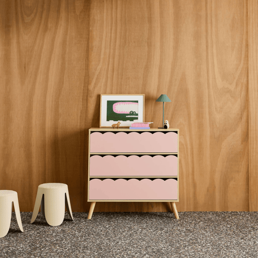 Cômoda infantil efeito madeira 3 gavetas Rosa - 80x30x79 cm