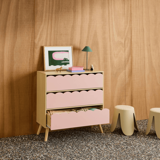 Cômoda infantil efeito madeira 3 gavetas Rosa - 80x30x79 cm