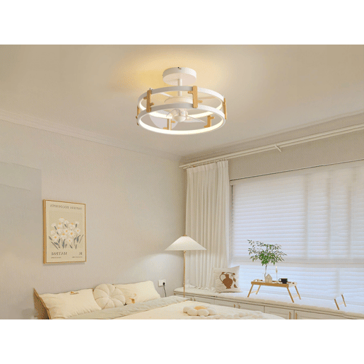 Candeeiro LED para ventoinha de teto com detalhes de acabamento em madeira. Controlo com telecomando ou através da aplicação via Bluetooth. Três tipos de luz LED: Fria. Natural ou Quente. Níveis graduados de intensidade luminosa Luz: 42W. Ventoinha: 13W T