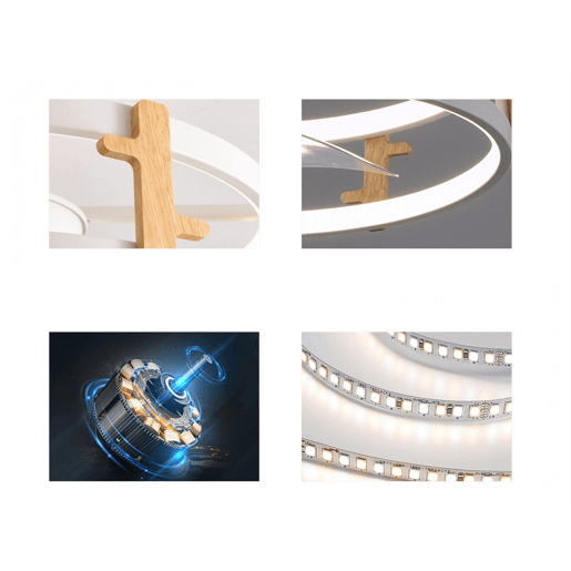 Candeeiro LED para ventoinha de teto com detalhes de acabamento em madeira. Controlo com telecomando ou através da aplicação via Bluetooth. Três tipos de luz LED: Fria. Natural ou Quente. Níveis graduados de intensidade luminosa Luz: 42W. Ventoinha: 13W T
