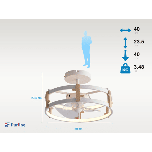 Candeeiro LED para ventoinha de teto com detalhes de acabamento em madeira. Controlo com telecomando ou através da aplicação via Bluetooth. Três tipos de luz LED: Fria. Natural ou Quente. Níveis graduados de intensidade luminosa Luz: 42W. Ventoinha: 13W T