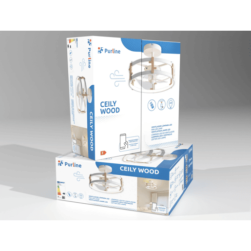 Candeeiro LED para ventoinha de teto com detalhes de acabamento em madeira. Controlo com telecomando ou através da aplicação via Bluetooth. Três tipos de luz LED: Fria. Natural ou Quente. Níveis graduados de intensidade luminosa Luz: 42W. Ventoinha: 13W T