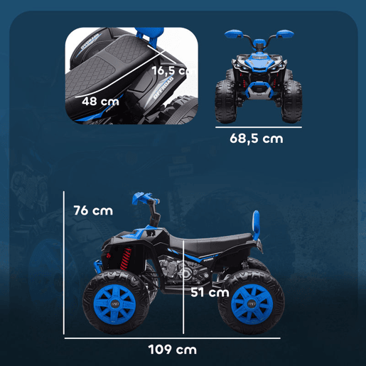 AIYAPLAY Quadricilo Elétrico para Crianças 24V para 3-8 Anos com 2 Lugares 2 Motores Velocidade até 6,5 kmh Rodas com Suspensão Faróis Buzina Música e USB 109x68,5x76 cm Azul
