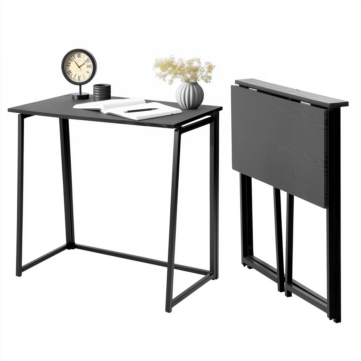 Mesa plegable de escritorio de estilo moderno con superficie de madera en color negro y estructura metálica resistente, ideal para oficina en casa,
