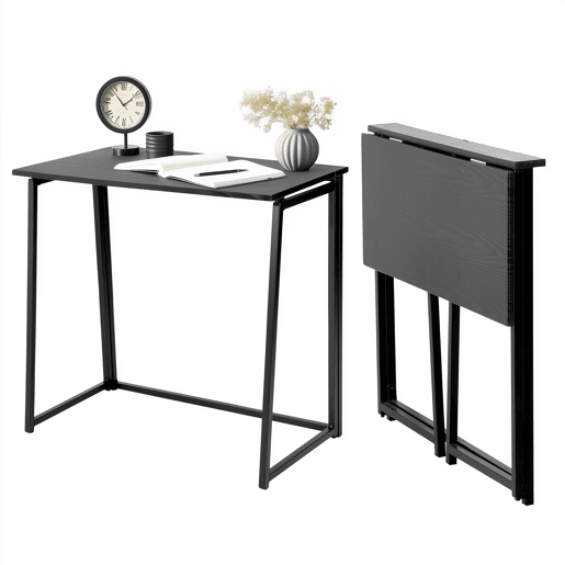 Mesa Dobrável Escrivaninha De Estilo Moderno Com Tampo De Madeira Na Cor Preta E Estrutura Metálica Robusta, Perfeita Para Escritório Em Casa, Estudo Ou Ambientes Pequenos, Fácil De Guardar E Montar