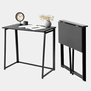Mesa Dobrável Escrivaninha De Estilo Moderno Com Tampo De Madeira Na Cor Preta E Estrutura Metálica Robusta, Perfeita Para Escritório Em Casa, Estudo Ou Ambientes Pequenos, Fácil De Guardar E Montar