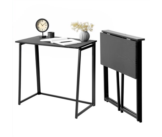 Mesa plegable de escritorio de estilo moderno con superficie de madera en color negro y estructura metálica resistente, ideal para oficina en casa,