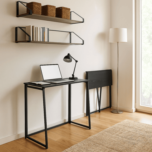 Mesa Dobrável Escrivaninha De Estilo Moderno Com Tampo De Madeira Na Cor Preta E Estrutura Metálica Robusta, Perfeita Para Escritório Em Casa, Estudo Ou Ambientes Pequenos, Fácil De Guardar E Montar