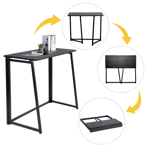 Mesa Dobrável Escrivaninha De Estilo Moderno Com Tampo De Madeira Na Cor Preta E Estrutura Metálica Robusta, Perfeita Para Escritório Em Casa, Estudo Ou Ambientes Pequenos, Fácil De Guardar E Montar