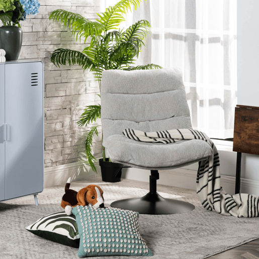 Poltrona Relax Giratória Reclinável Estofada em Tecido Cinza com Altura Ajustável e Base Metálica Redonda, Acolchoamento Macio e Encosto Ergonômico, Estilo Moderno para Sala ou Quarto, Suporta 120 Kg