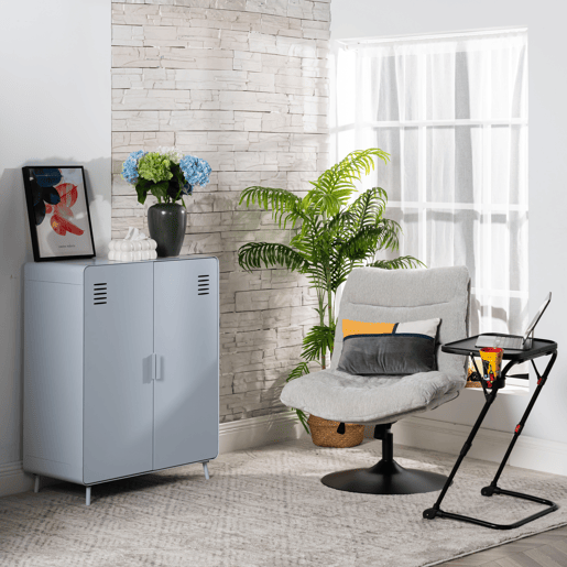 Poltrona Relax Giratória Reclinável Estofada em Tecido Cinza com Altura Ajustável e Base Metálica Redonda, Acolchoamento Macio e Encosto Ergonômico, Estilo Moderno para Sala ou Quarto, Suporta 120 Kg