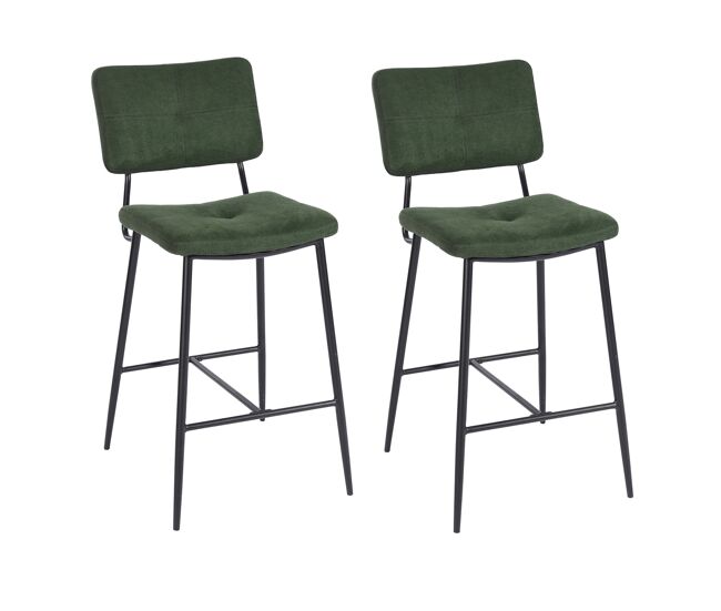 Juego de 2 taburetes de barra con respaldo y asiento acolchado en tela verde, estructura metálica negra con reposapiés, estilo moderno industrial,