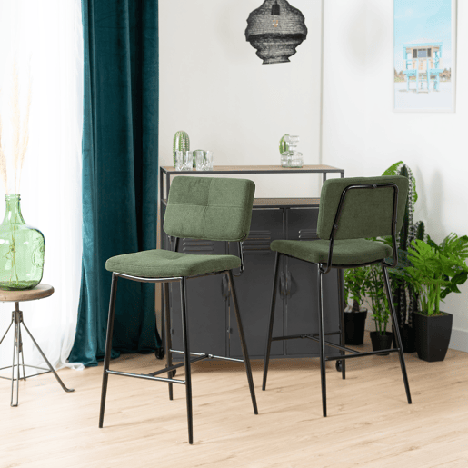Conjunto De 2 Bancos Altos De Bar com Encosto e Assento Acolchoado em Tecido Verde, Estrutura Metálica Preta com Apoio para Pés, Estilo Moderno Industrial, Ideais para Cozinha, Ilha e Sala De Jantar