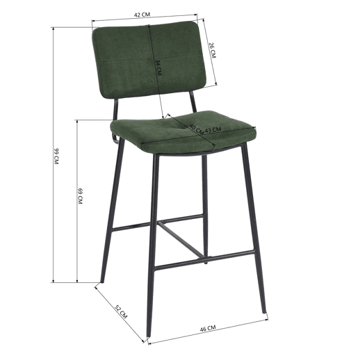 Conjunto De 2 Bancos Altos De Bar com Encosto e Assento Acolchoado em Tecido Verde, Estrutura Metálica Preta com Apoio para Pés, Estilo Moderno Industrial, Ideais para Cozinha, Ilha e Sala De Jantar