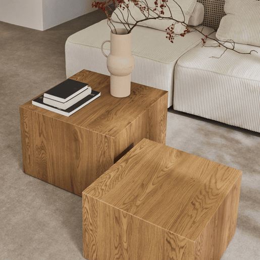 Mesas de centro quadrada com efeito cinza, set de 2 Natural - 58x58x40 cm