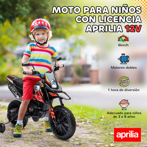 AIYAPLAY Mota Elétrica Infantil com Licença Oficial Aprilia 12V 25W Rodas de Apoio Removíveis Farol Música Porta USB e Amortecedor Traseiro Vermelho