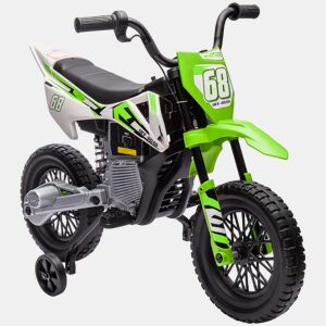 AIYAPLAY Mota Elétrica para Crianças de +3 Anos Mota Elétrica Infantil com Bateria 12V Música Velocidade 2,4-5 kmh e Rodas Auxiliares Removíveis Carga 30 kg 107x56x70 cm Verde