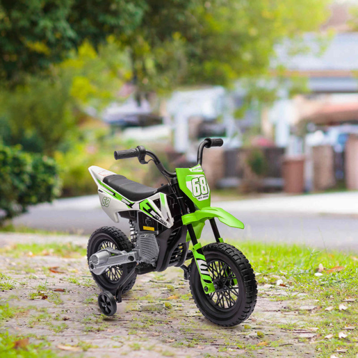 AIYAPLAY Mota Elétrica para Crianças de +3 Anos Mota Elétrica Infantil com Bateria 12V Música Velocidade 2,4-5 kmh e Rodas Auxiliares Removíveis Carga 30 kg 107x56x70 cm Verde
