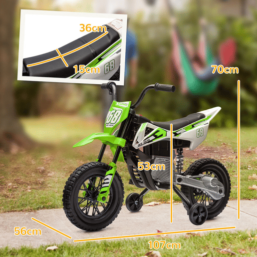 AIYAPLAY Mota Elétrica para Crianças de +3 Anos Mota Elétrica Infantil com Bateria 12V Música Velocidade 2,4-5 kmh e Rodas Auxiliares Removíveis Carga 30 kg 107x56x70 cm Verde
