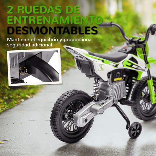 AIYAPLAY Mota Elétrica para Crianças de +3 Anos Mota Elétrica Infantil com Bateria 12V Música Velocidade 2,4-5 kmh e Rodas Auxiliares Removíveis Carga 30 kg 107x56x70 cm Verde