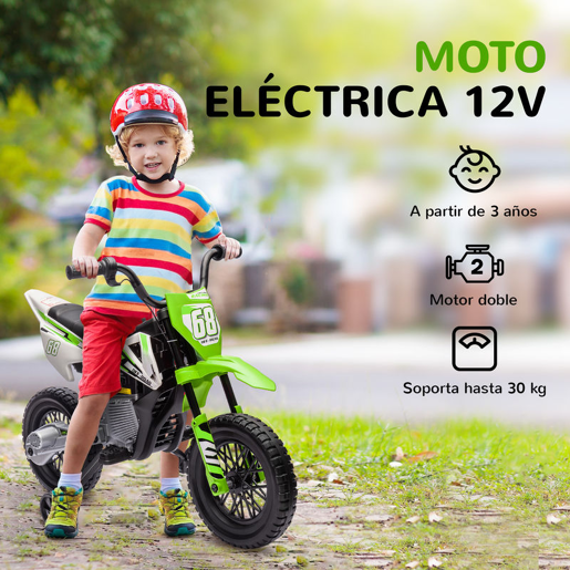 AIYAPLAY Mota Elétrica para Crianças de +3 Anos Mota Elétrica Infantil com Bateria 12V Música Velocidade 2,4-5 kmh e Rodas Auxiliares Removíveis Carga 30 kg 107x56x70 cm Verde