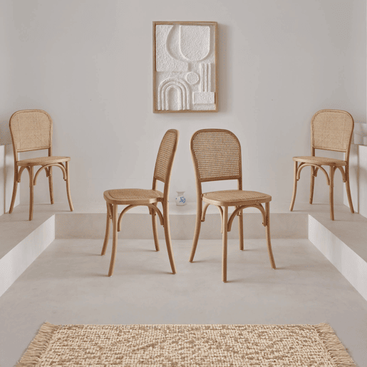 Cadeiras vintage de madeira e rattan, set de 4, Montparnasse, Natural, 44.5x48x89.5 cm