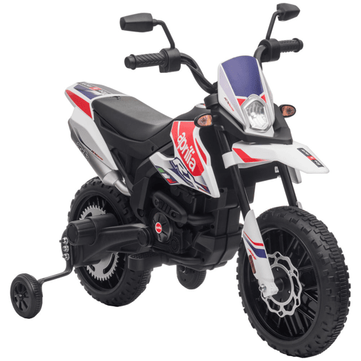AIYAPLAY Mota Elétrica Infantil com Licença Oficial Aprilia 12V 25W Rodas de Apoio Removíveis Farol Música Porta USB e Amortecedor Traseiro Branco
