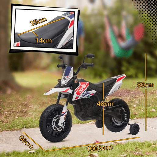 AIYAPLAY Mota Elétrica Infantil com Licença Oficial Aprilia 12V 25W Rodas de Apoio Removíveis Farol Música Porta USB e Amortecedor Traseiro Branco
