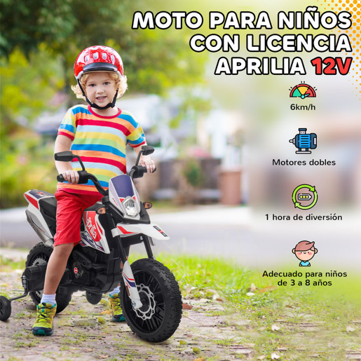 AIYAPLAY Mota Elétrica Infantil com Licença Oficial Aprilia 12V 25W Rodas de Apoio Removíveis Farol Música Porta USB e Amortecedor Traseiro Branco