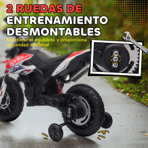 AIYAPLAY Mota Elétrica Infantil com Licença Oficial Aprilia 12V 25W Rodas de Apoio Removíveis Farol Música Porta USB e Amortecedor Traseiro Branco