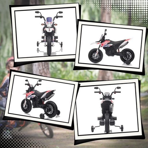 AIYAPLAY Mota Elétrica Infantil com Licença Oficial Aprilia 12V 25W Rodas de Apoio Removíveis Farol Música Porta USB e Amortecedor Traseiro Branco