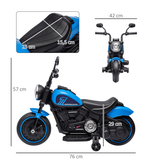 HOMCOM Motocicleta Elétrica para Crianças de 18-36 Meses com Bateria 6V Farol e Rodas Auxiliares Removíveis Carga 25 kg 76x42x57 cm Azul