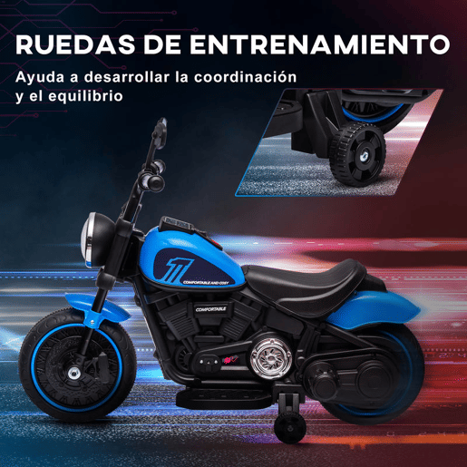 HOMCOM Motocicleta Elétrica para Crianças de 18-36 Meses com Bateria 6V Farol e Rodas Auxiliares Removíveis Carga 25 kg 76x42x57 cm Azul