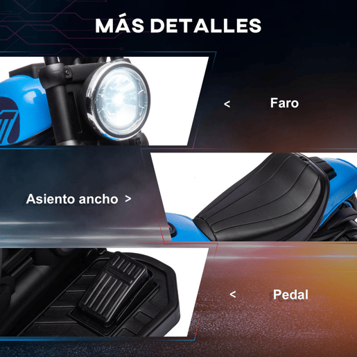 HOMCOM Motocicleta Elétrica para Crianças de 18-36 Meses com Bateria 6V Farol e Rodas Auxiliares Removíveis Carga 25 kg 76x42x57 cm Azul