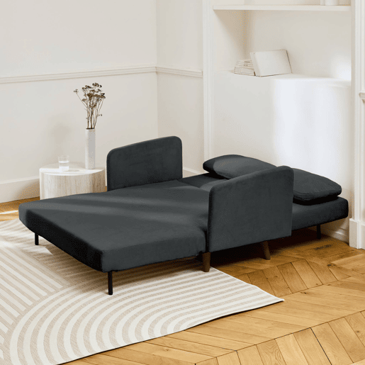 Sofá-cama em veludo canelado fino, 2 lugares, Panam veludo canelado, Cinza escuro, 130x77x83 cm