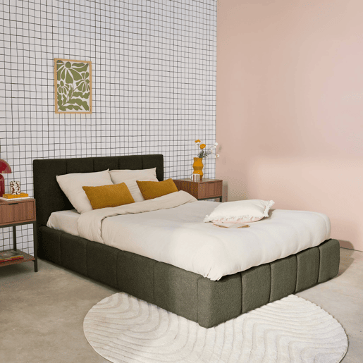 Cama baú com estrado de ripas e cabeceira 160cm, acabado em boucle, Lex, Verde caqui, 220x175x91 cm