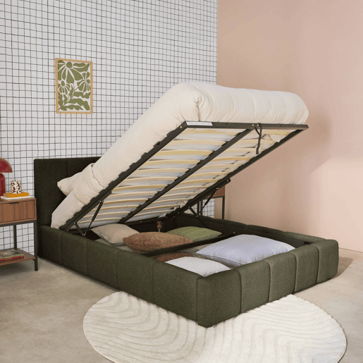 Cama baú com estrado de ripas e cabeceira 160cm, acabado em boucle, Lex, Verde caqui, 220x175x91 cm