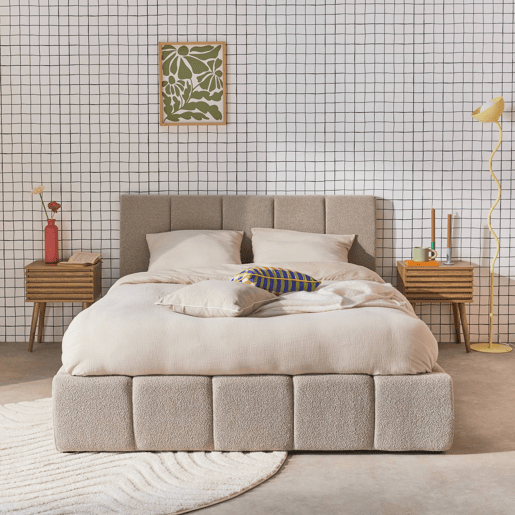 Cama baú com estrado de ripas e cabeceira 140cm, acabamento boucle, Lex, Beige, 211x155x91 cm