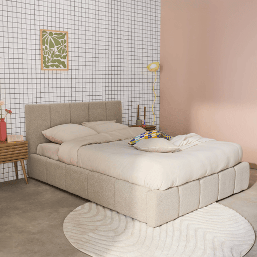 Cama baú com estrado de ripas e cabeceira 140cm, acabamento boucle, Lex, Beige, 211x155x91 cm