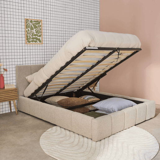 Cama baú com estrado de ripas e cabeceira 140cm, acabamento boucle, Lex, Beige, 211x155x91 cm