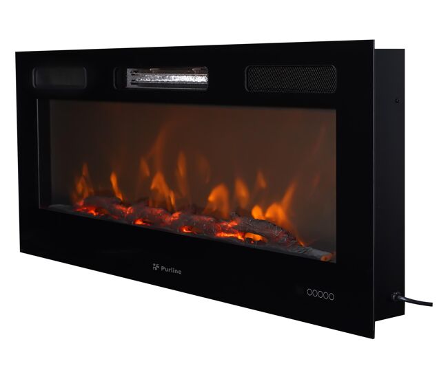 Chimenea eléctrica panorámica con salida de aire frontal. 2 potencias seleccionables. 3 niveles de intensidad de llama. programable semanalmente.