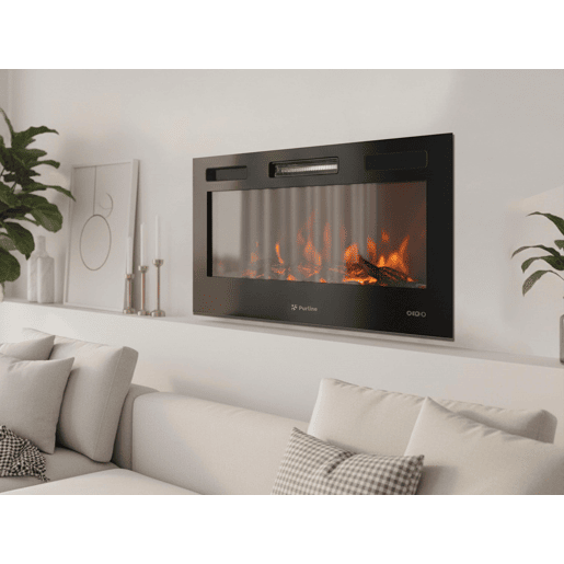 Lareira eléctrica panorâmica com saída de ar frontal. 2 potências selecionáveis. 3 níveis de intensidade de chama. Programável semanalmente. Simulação de lenha incluída.