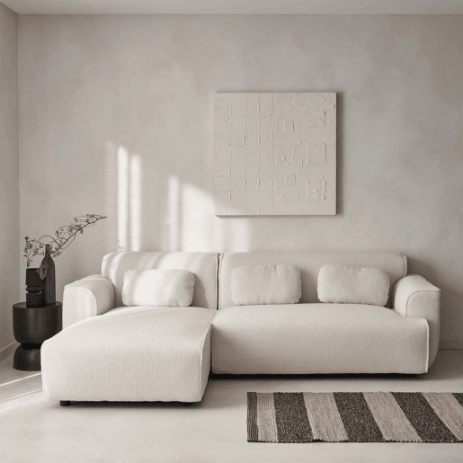 Sofá de canto, tecido boucle, 3 lugares, Wallas boucle, Creme, 196x151x73 cm
