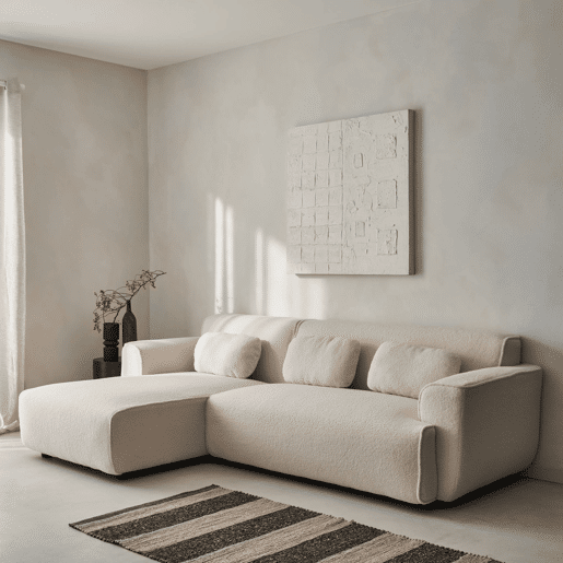 Sofá de canto, tecido boucle, 3 lugares, Wallas boucle, Creme, 196x151x73 cm