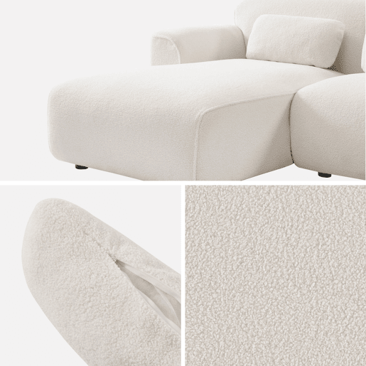Sofá de canto, tecido boucle, 3 lugares, Wallas boucle, Creme, 196x151x73 cm