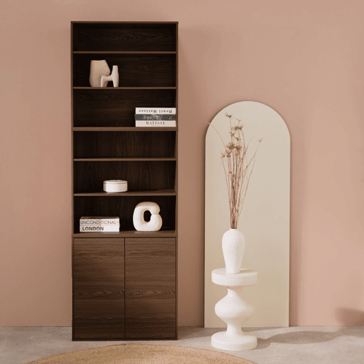 Estante, biblioteca modulável decoração madeira, 2 portas e 5 prateleiras, Kompo, Madeira de nogueira, 70x35x210 cm Estante, biblioteca modulável decoração madeira, 2 portas e 5 prateleiras, Kompo, Madeira de nogueira, 70x35x210 cm