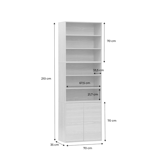 Estante, biblioteca modulável decoração madeira, 2 portas e 5 prateleiras, Kompo, Madeira de nogueira, 70x35x210 cm Estante, biblioteca modulável decoração madeira, 2 portas e 5 prateleiras, Kompo, Madeira de nogueira, 70x35x210 cm