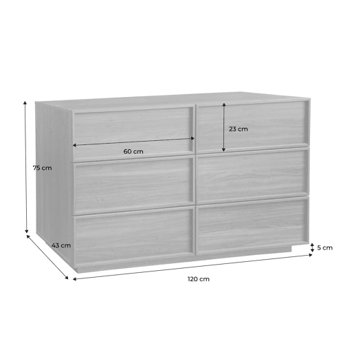 Cômoda efeito madeira 6 gavetas, 120cm, Kuba, Natural, 120x43x75 cm