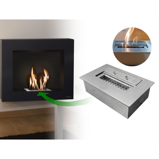 Lareira a etanol de 1,75kW e 1,2L de capacidade. Design retangular em aço lacado a preto. Sem fumos, odores ou cinzas. Adaptável ao bloco de chama simulada PURLINE FIRECOOL COMPACT.